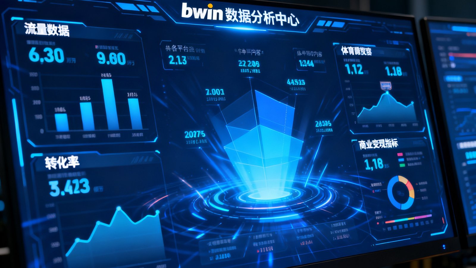 bwin数据分析中心的大屏幕上实时展示着各平台体育内容的流量数据、转化率和商业变现指标，图表和数字不断跳动更新，体现数据驱动的体育商业变现能力