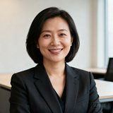 安踏品牌总监李明华女士的职业头像，她穿着深色西装面带微笑，背景是简约的办公室环境